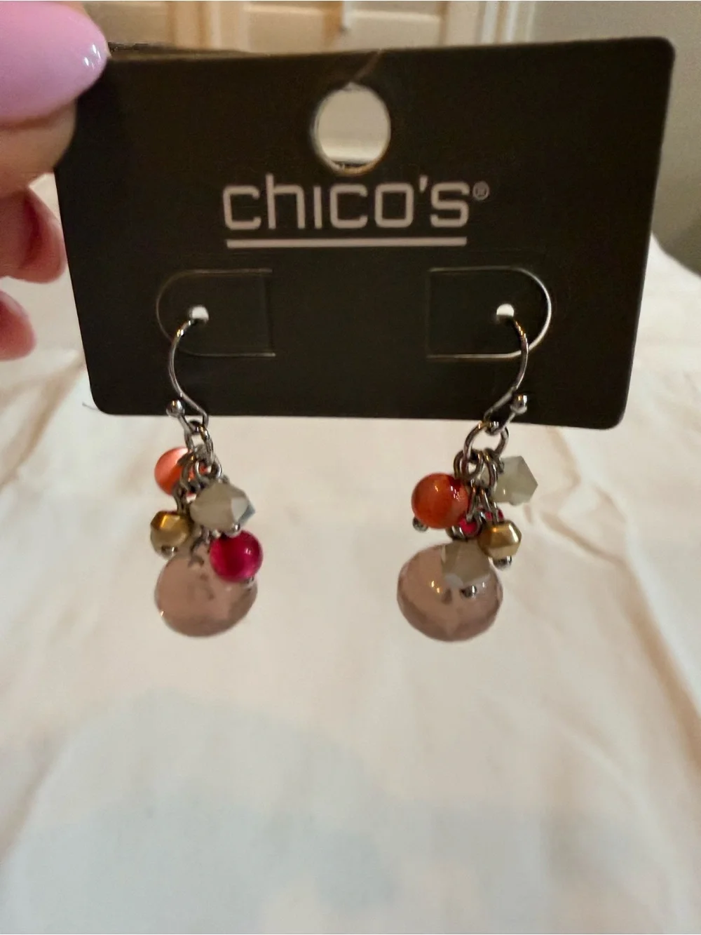 Chico's Pink, Orange & Gold Cluster Dangle Earrings
